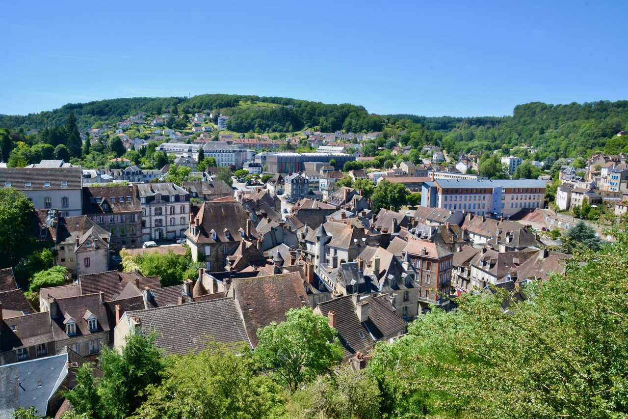 Aubusson from the clock tower, granite houses in a bend of the Creuse