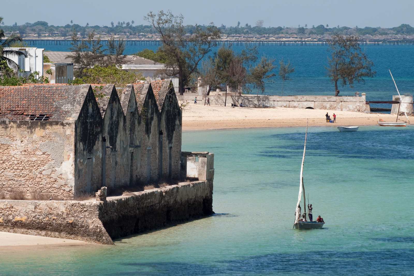 Ilha de Moçambique seen from Fortaleza de São Sebastião, the mainland bridge in the distance