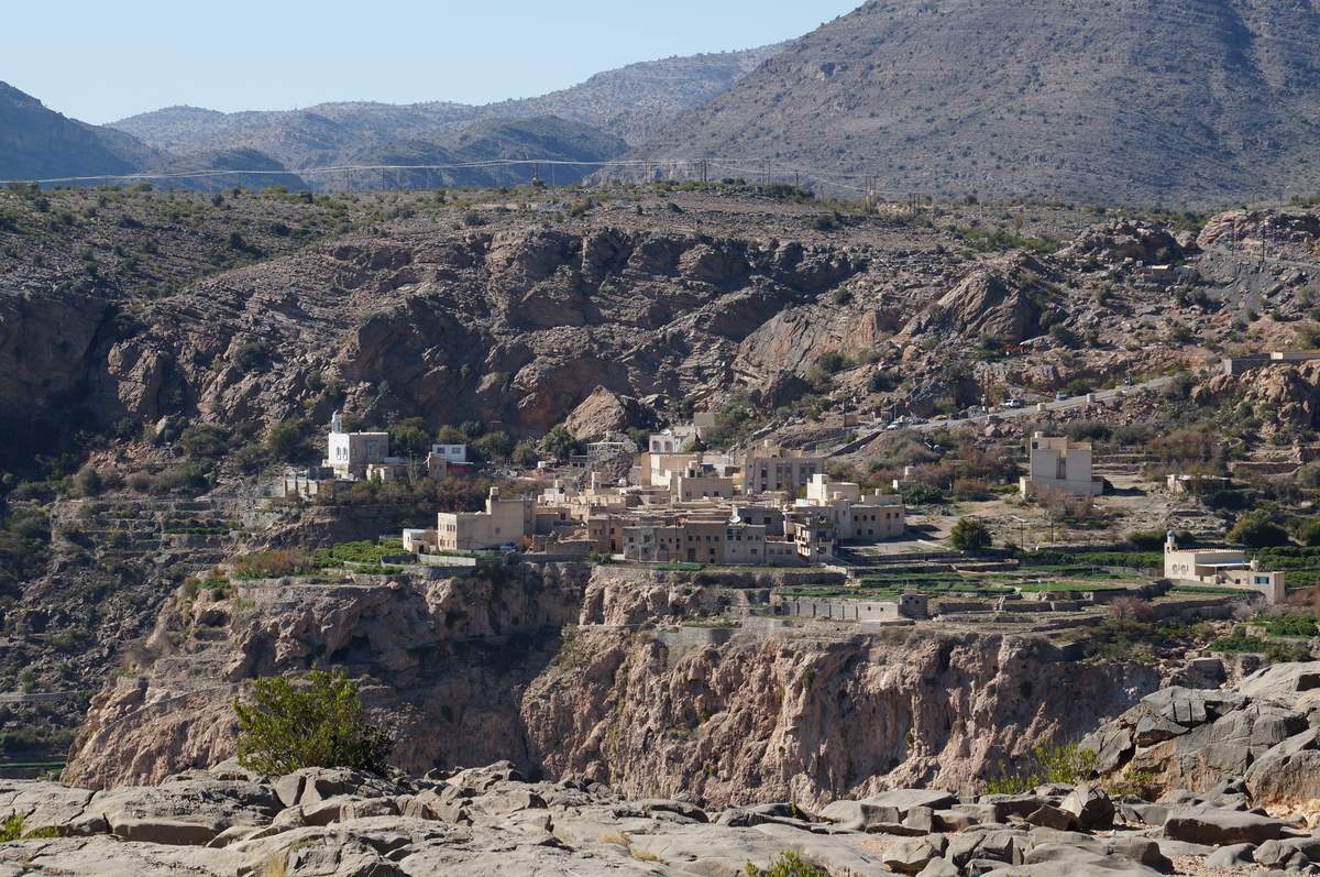 The village of Al Ayn on Jebel Akhdar, stone houses and terraced plots on the mountainside