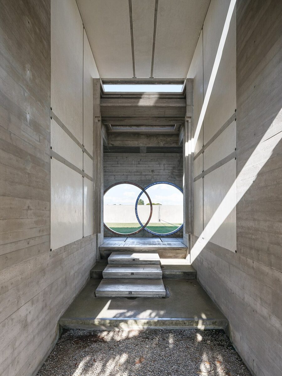 Architectural detail of the Brion tomb showing Scarpa's signature layered concrete and interlocking geometric forms.
